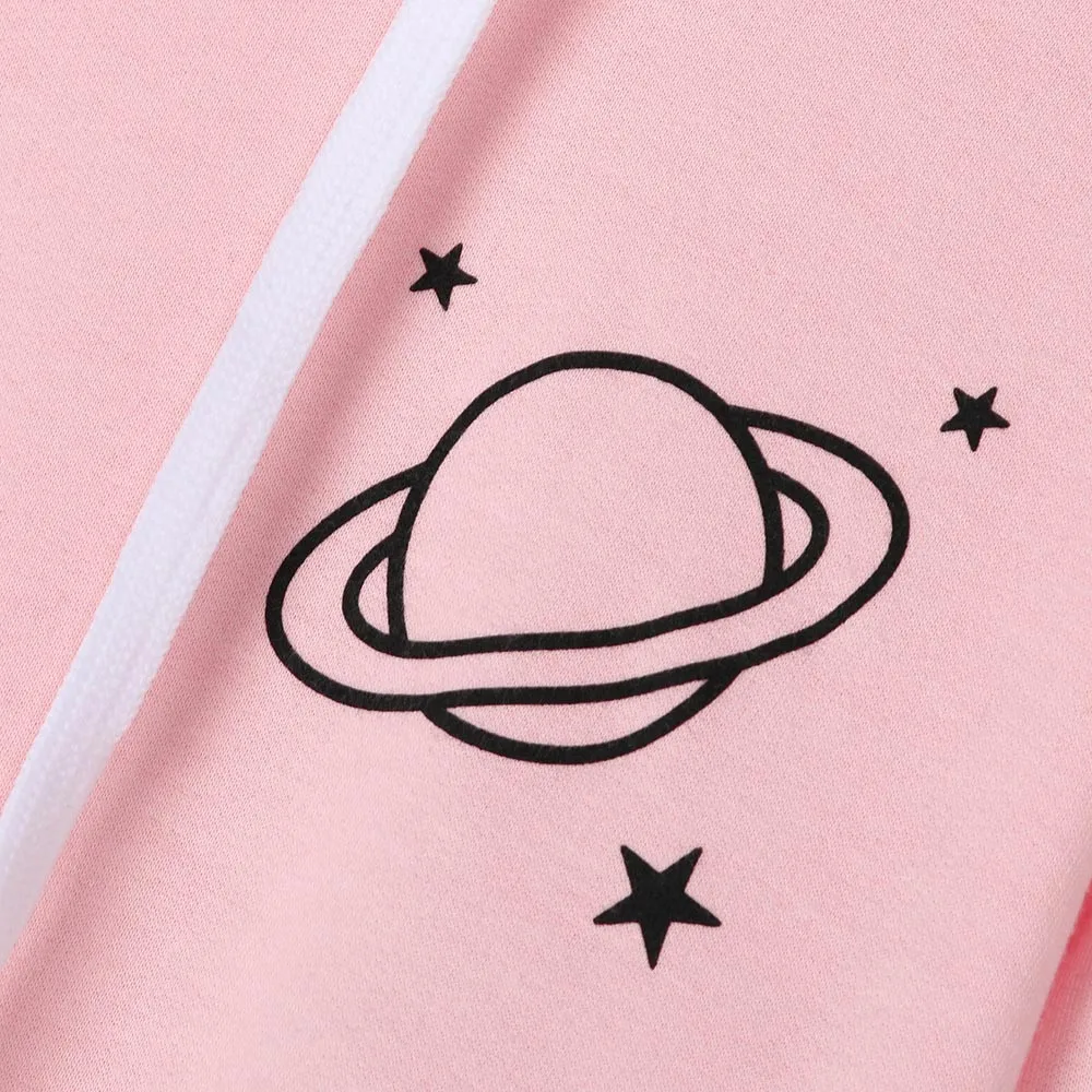 Stylish Bar Women Hoodies Sweatshirt Casual Planet Print Striped Long Sleeve Hoody Shirt Women's Blouse Jumper Tops For Female