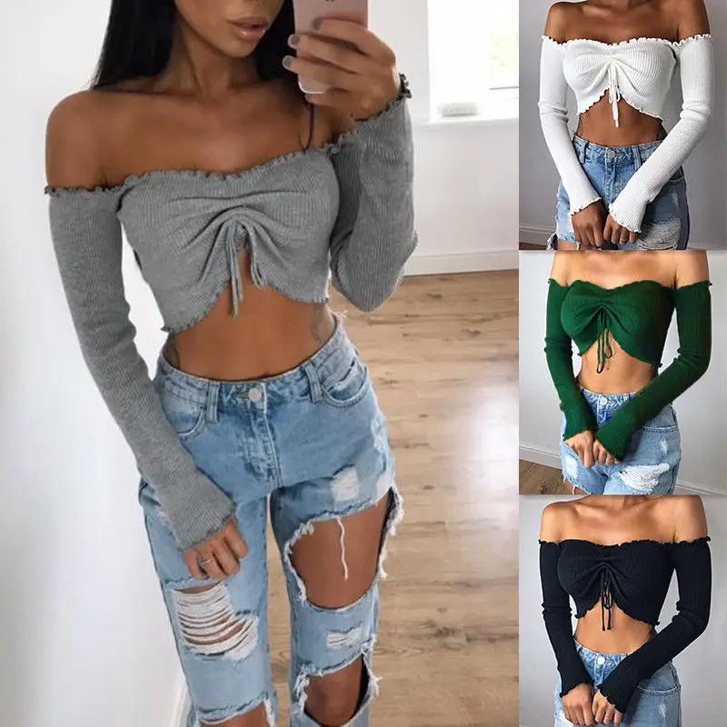 Женский вязаный свитер короткий топ с длинным рукавом и вырезом лодочкой|off shoulder