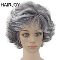 hairjoy women wig 2 tones grey white ombre synthetic short layered curly hair puffy bangs heat resistant 9 color available