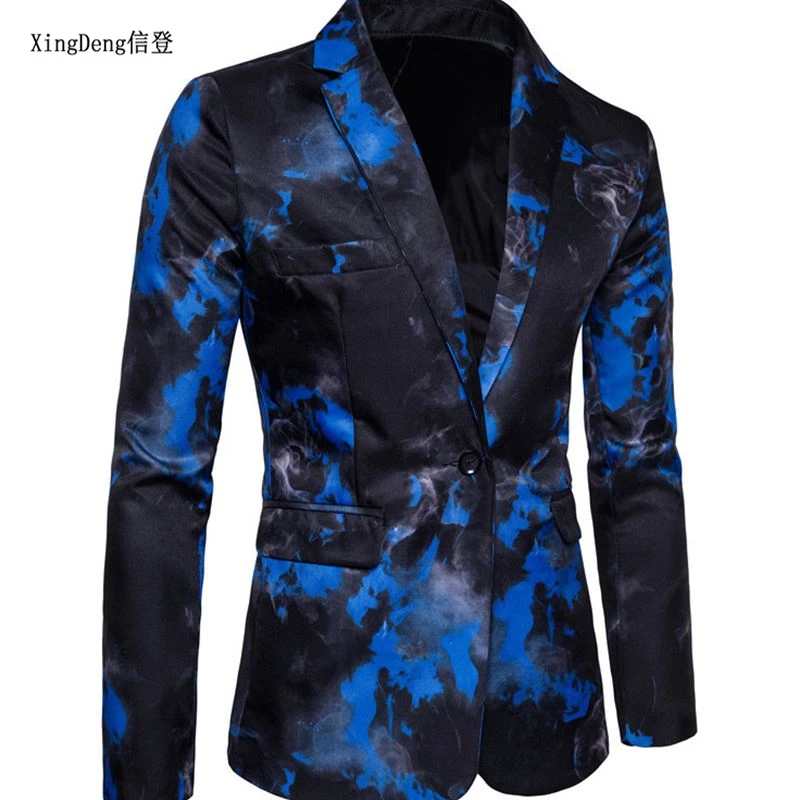 

XingDeng Casual Blazer Pattern Printed Blaser Homens Mens Blazers Personality Jackets red Blue Men Fashion Slim Fit Jacket m-3xl