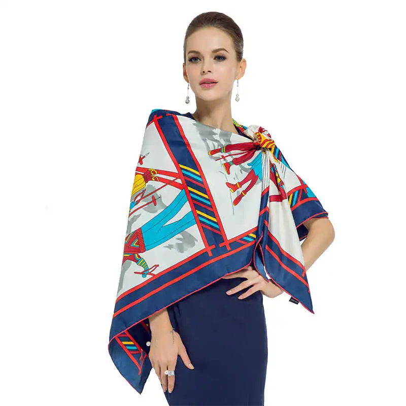 navy blue Саржевый Шелковый женский шарф, Европейская мода, для прогулок по Парижу, с принтом, квадратные шарфы, повязки на голову, брендовый подарок, большая роскошная шаль, хиджаб - Цвет: navy blue