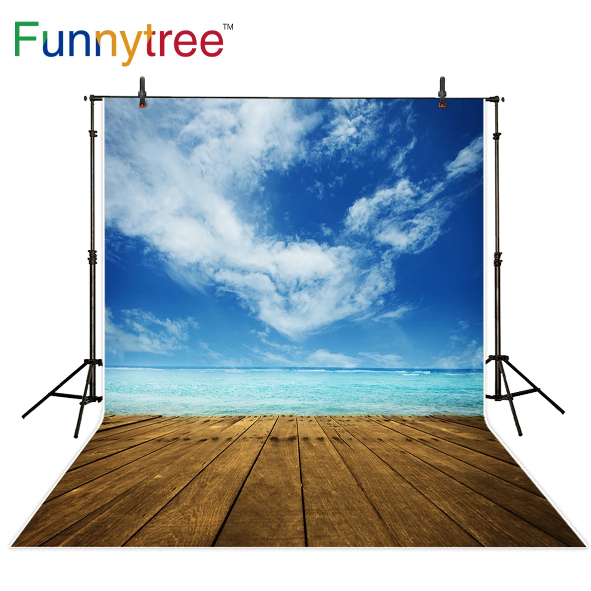 Фон Funnytree для фотостудии с изображением морского неба облаков деревянного пола