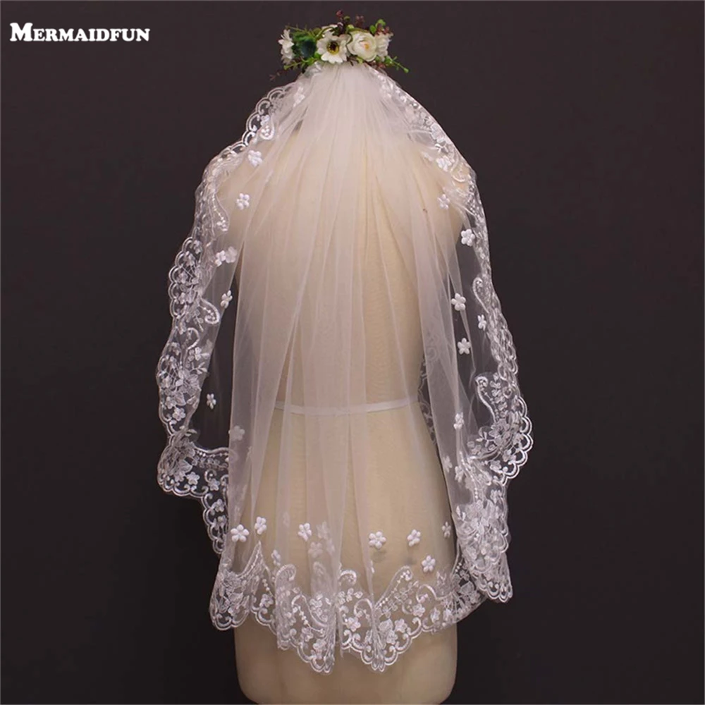 Реальные фотографии жемчужная Цветочная кружевная короткая свадебная вуаль с
