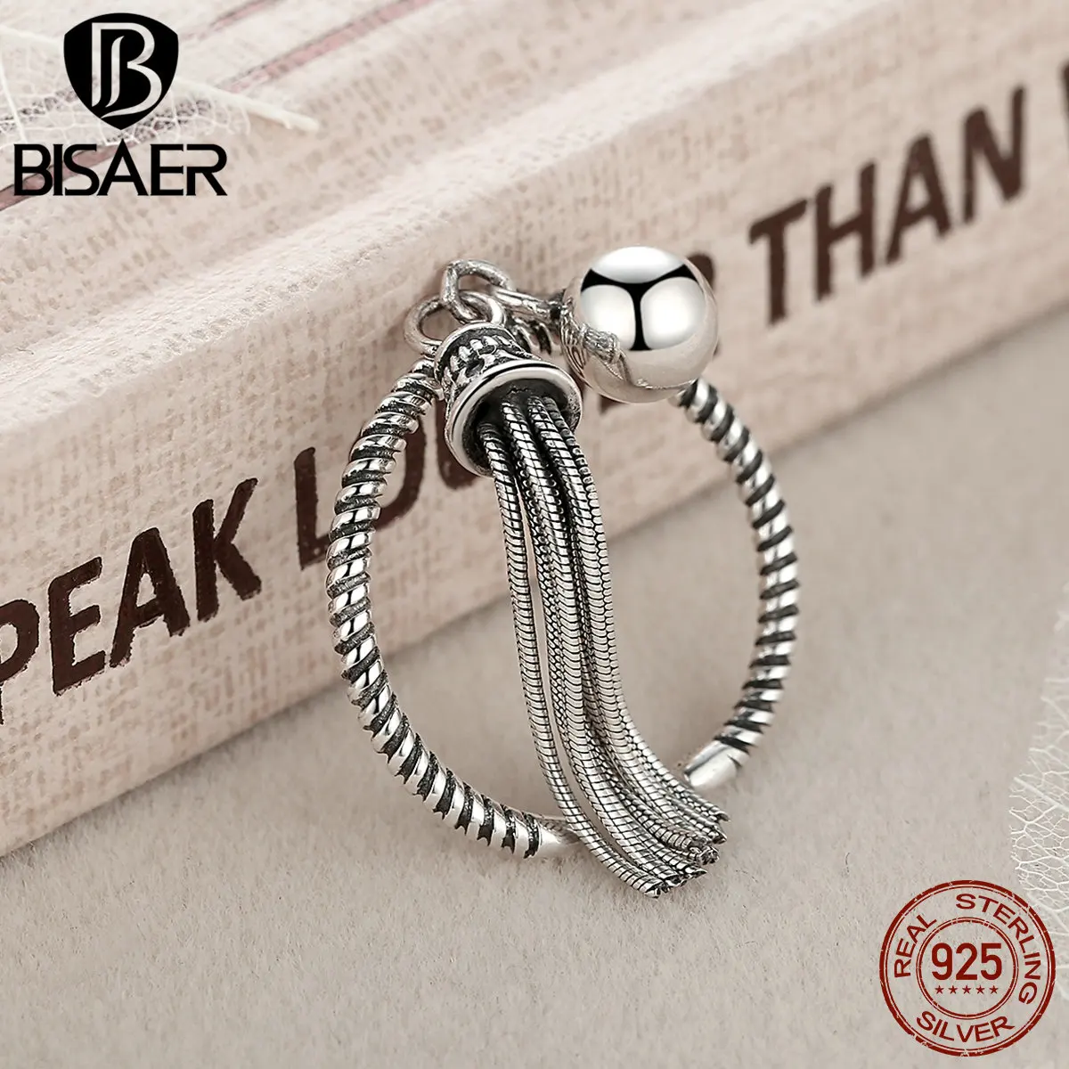 BISAER, Настоящее серебро 925 пробы, винтажное, элегантное, с кисточками, штабелируемое кольцо для женщин, Стерлинговое Серебро, ювелирное изделие, S925 EER016