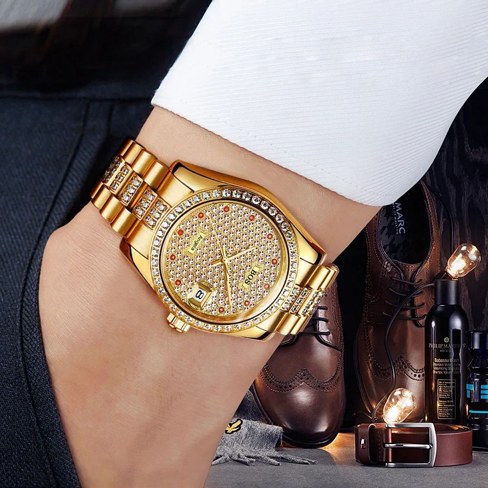 Montre Homme мужские новые модные автоматические механические часы календарь тонкая сталь водонепроницаемые золотые часы Полный горный хрусталь Zegarki Meskie