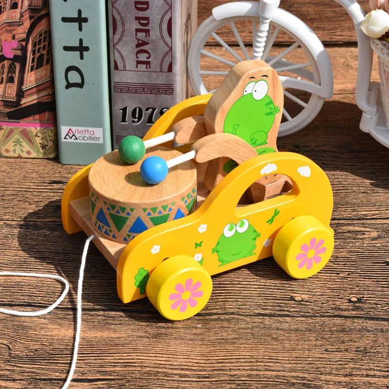 Деревянный буксируемый игрушечный автомобиль+ Винни барабан детские игрушки мультипликационных животных лягушка/медведь 2 стиля Винни барабан Детский Трейлер модели один кусок