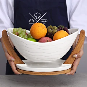 Керамическая подвесная обеденная тарелка, декоративная фарфоровая сервировочная чаша с бамбуковой стойкой, посуда, сосуд, принадлежности для фруктов и салата