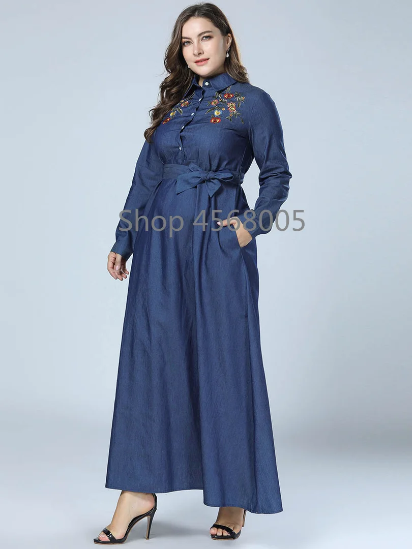 Мусульманская джинсовая рубашка платье для женщин одежда из Дубая вышивка