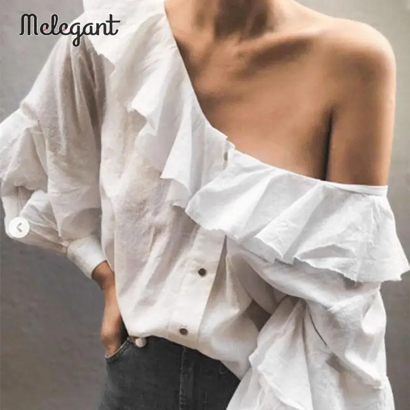 Melegant Solid Elegant White Women Blouse Shirt Sexy One Shoulder Blouses Tops Lantern Sleeve |