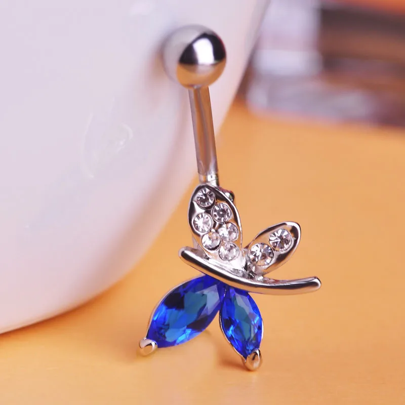 blue rhodium Madrry Летний стиль Бабочка пупка кольцо золотого цвета зеленый Спираль пирсинг реквизит вилки и туннели ювелирные изделия из пупка 3g - Окраска металла: blue rhodium