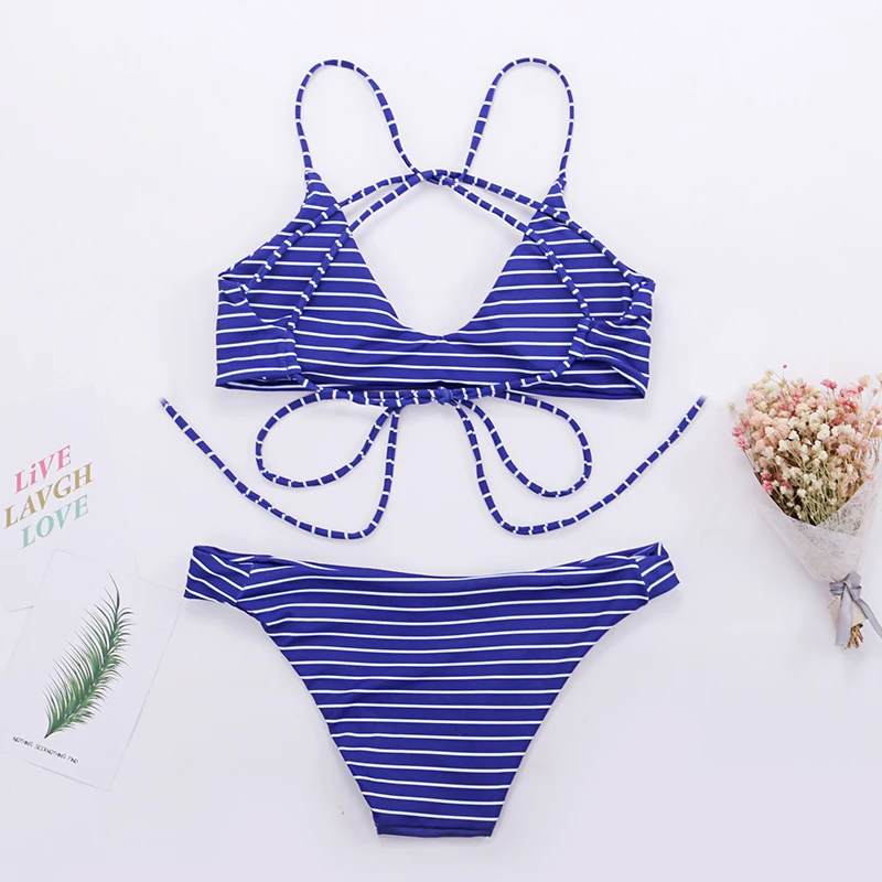2019 New Women Push Up Bikini Striped Print Swimwear Swim Bathing Suits Female Bandage Swimsuit Biquini Beachwear |