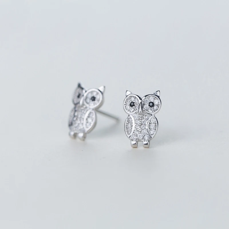 

MloveAcc New Fashion Night Owl Jewelry Genuine 925 Sterling Silver with Shiny Cubic Zirconia Animal Women Stud Earrings