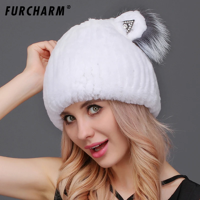 Меховая шапка Женская зимняя обувь Настоящий мех кролика шапки с милым