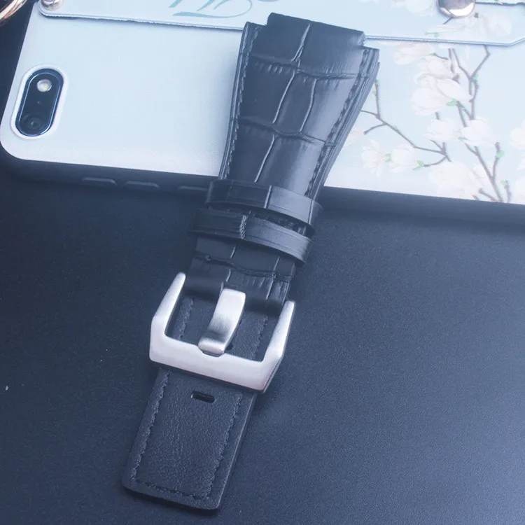 Black silver buckle Черный коричневый синий Аллигатор узор кожаный ремешок для часов Ремешок для Bell& Ross BR-01 и BR-03 черная пряжка - Цвет ремешка: Black silver buckle