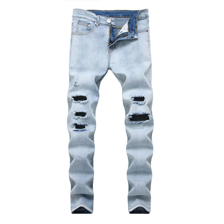 LEDINGSEN мужские обтягивающие рваные джинсы синие потертые Стрейчевые Hombre Slim Fit