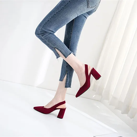 Бордовый Высокие каблуки Короткая Slingback мода Работа насосы Размер 4 34 Синяя женская обувь офис элегантный замша черный Указательный палец 33 китайская новая Лето Китай - Цвет: Бордовый