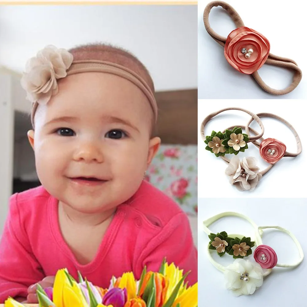 

3Pcs/Set Baby Girl Headbands Floral Scrunchy Elastic Hair Bands Flower Elastic Hair Bands with Beads Flower Party Photo Props