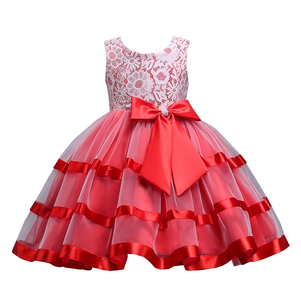 Lace-trimmed princess dress Child Girls Lace Bowknot Princess Wedding Performance Formal Tutu Dress Clothes #06 | Детская одежда и