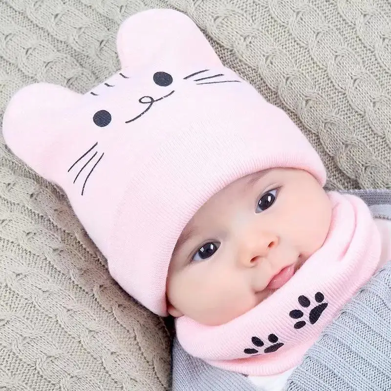 DreamShining Newborn Baby Hat Scarf Set Cartoon Cat Warm Hats Autumn Winter Toddler Beanie Protect Ear Cap Kids Scarves | Детская одежда