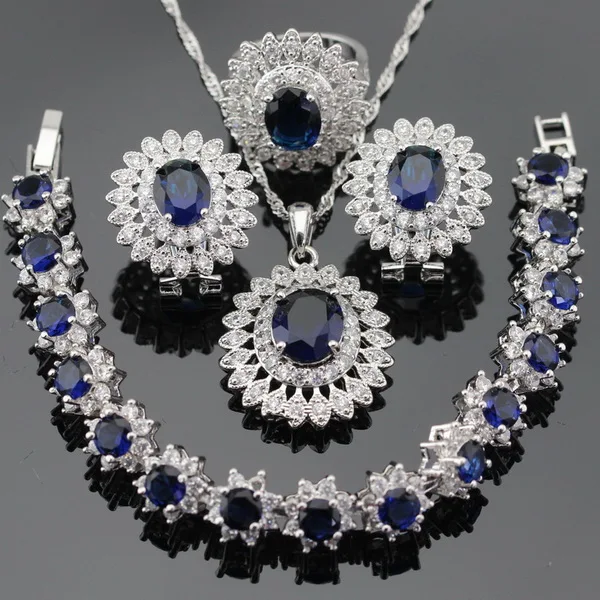 4PCS Set Женский серебряный цвет Ювелирные наборы темно-синий белый кубический цирконий ожерелье кулон Браслеты Серьги Кольца подарочная коробка - Окраска металла: 4PCS Set