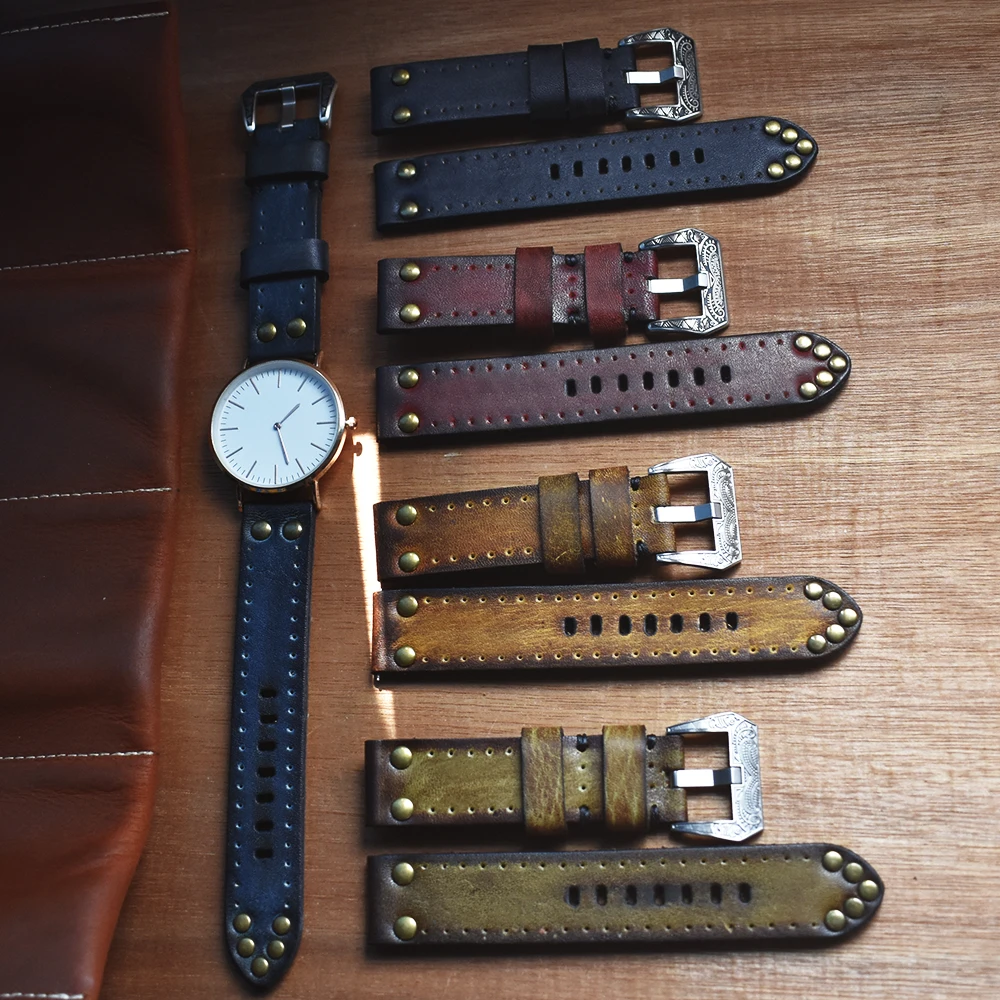 Handmade Vintage Genuine Leather Watchbands Red/Green/Black/Yellow Watchband Strap for Panerai Belt Carving Buckle18 20 22 24mm