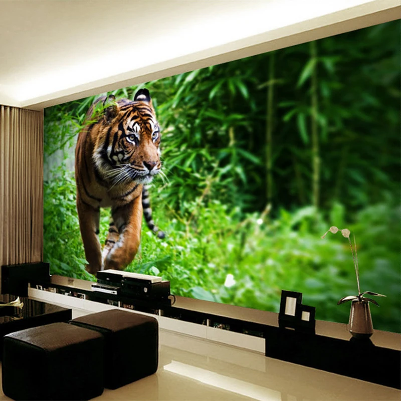 Фотообои 3D стерео с тигром зеленым деревом обои для гостиной ТВ фон настенный