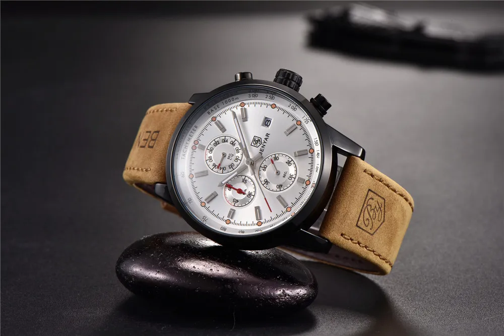 BENYAR Роскошные водонепроницаемые спортивные хронограф кварцевые Кожаный ремешок relogio masculino модные деловые мужские часы reloj hombre+ коробка