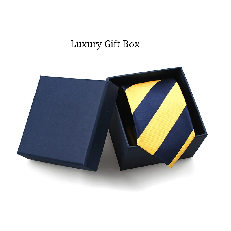 2020 New Fashion Casual Yellow and Navy Blue Striped Ties For Men 7cm Standard Necktie Wedding Party  Cravat  with Gift Box