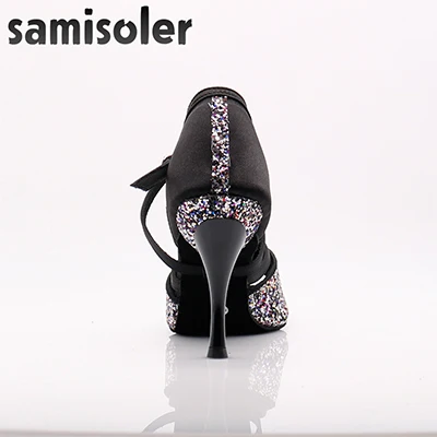 Samisoler/Блестящая обувь с вырезами; женская обувь для латинских танцев; Танцевальная обувь для танго, джаза; обувь для сальсы, бальных танцев; модная обувь для танцев 5-10 см - Цвет: Black heel 10cm