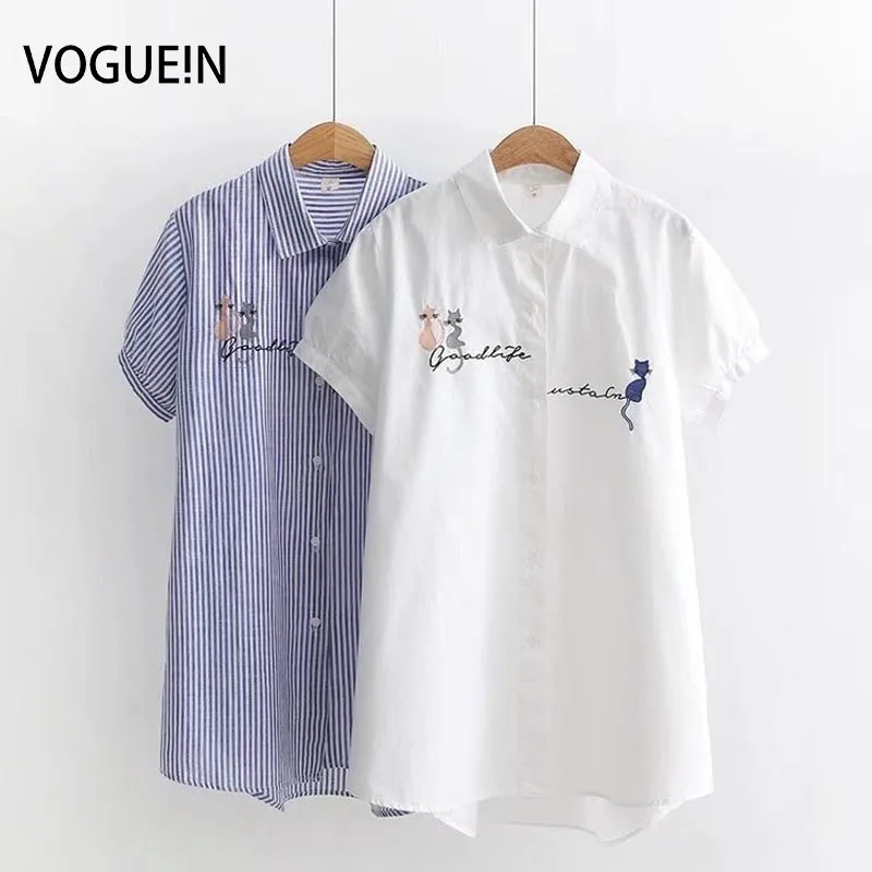VOGUEIN Новая женская летняя полосатая блузка с коротким рукавом и вышивкой кота