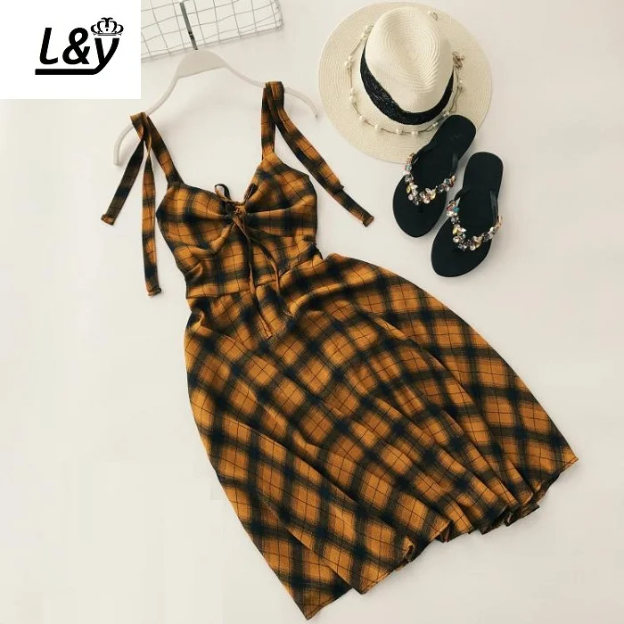 L &amp Y Винтаж плед пляжное платье Для женщин летние каникулы галстук-бабочка
