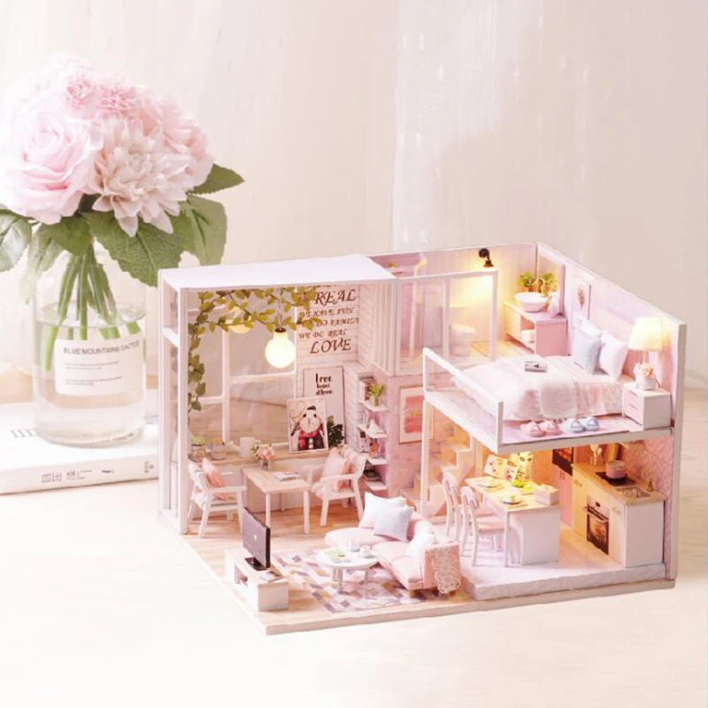 DIY деревянный дом Миниатюрный Кукольный домик с мебелью Miniaturas игрушки светильник