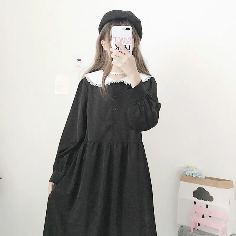 

Nefeilike New Spring Dress Lolita Panelled Peter Pan Collar Women Long Sleeve High Waist Female Black Long Casual Dress