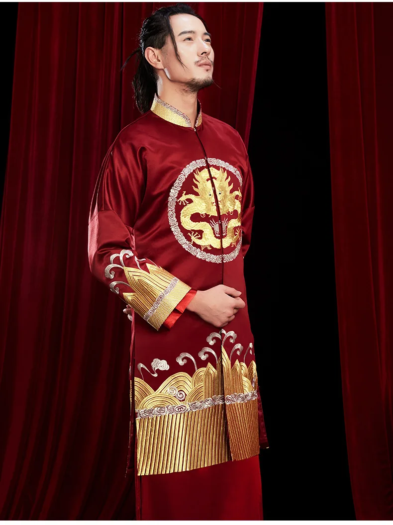 

New Groom Vintage Loose Cheongsam Traditional Chinese Wedding Gown Satin Qipao Embroidery Dragon Costume Vestido Oriental Mens