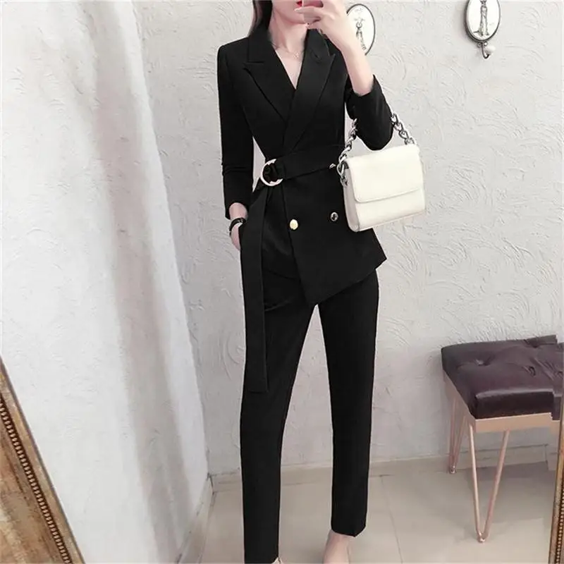 2 Pieces set black  Irregular Blazer Women Suits Double-breasted Slim Pant Suits Blazer Jacket & Pencil Pant Office Lady