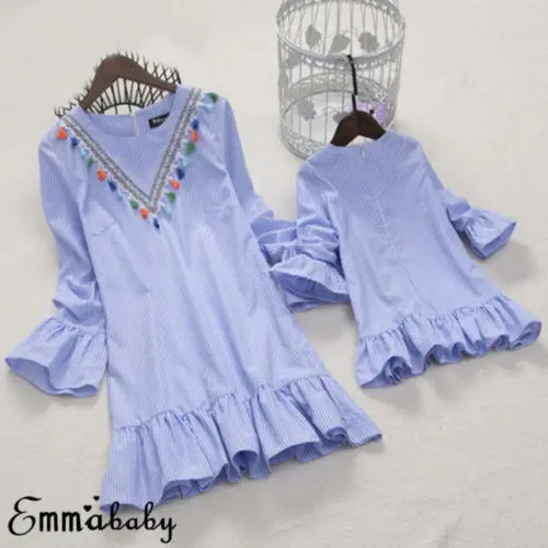 Платье в полоску для всей семьи одежда стиле бохо мамы и дочки мини-платье