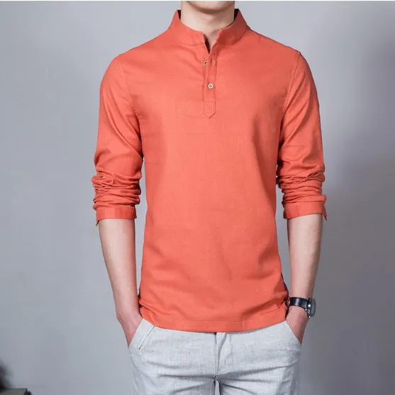 Оранжевый Новые летние мужские рубашки на пуговицах camisa masculina мужские рубашки Мода дропшиппинг мешковатое однотонное хлопковое белье одежда с длинными рукавами - Цвет: Оранжевый