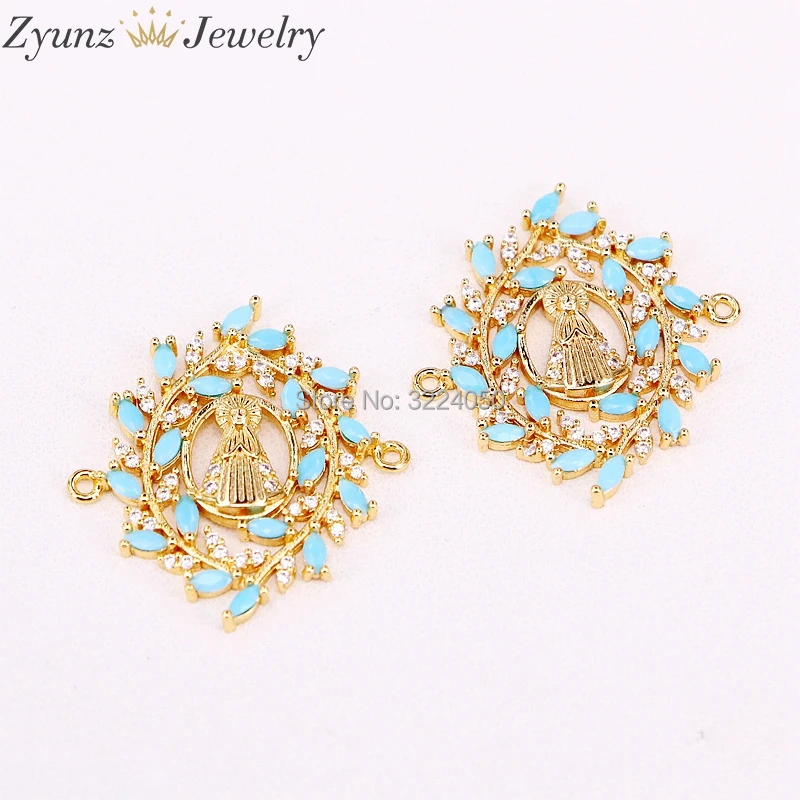 10PCS AZYZ302-5373 Micro Paved CZ and blue Stone Virgin Maria Bracelet Connector Beads Fashion Women Jewelry Findings | Украшения и