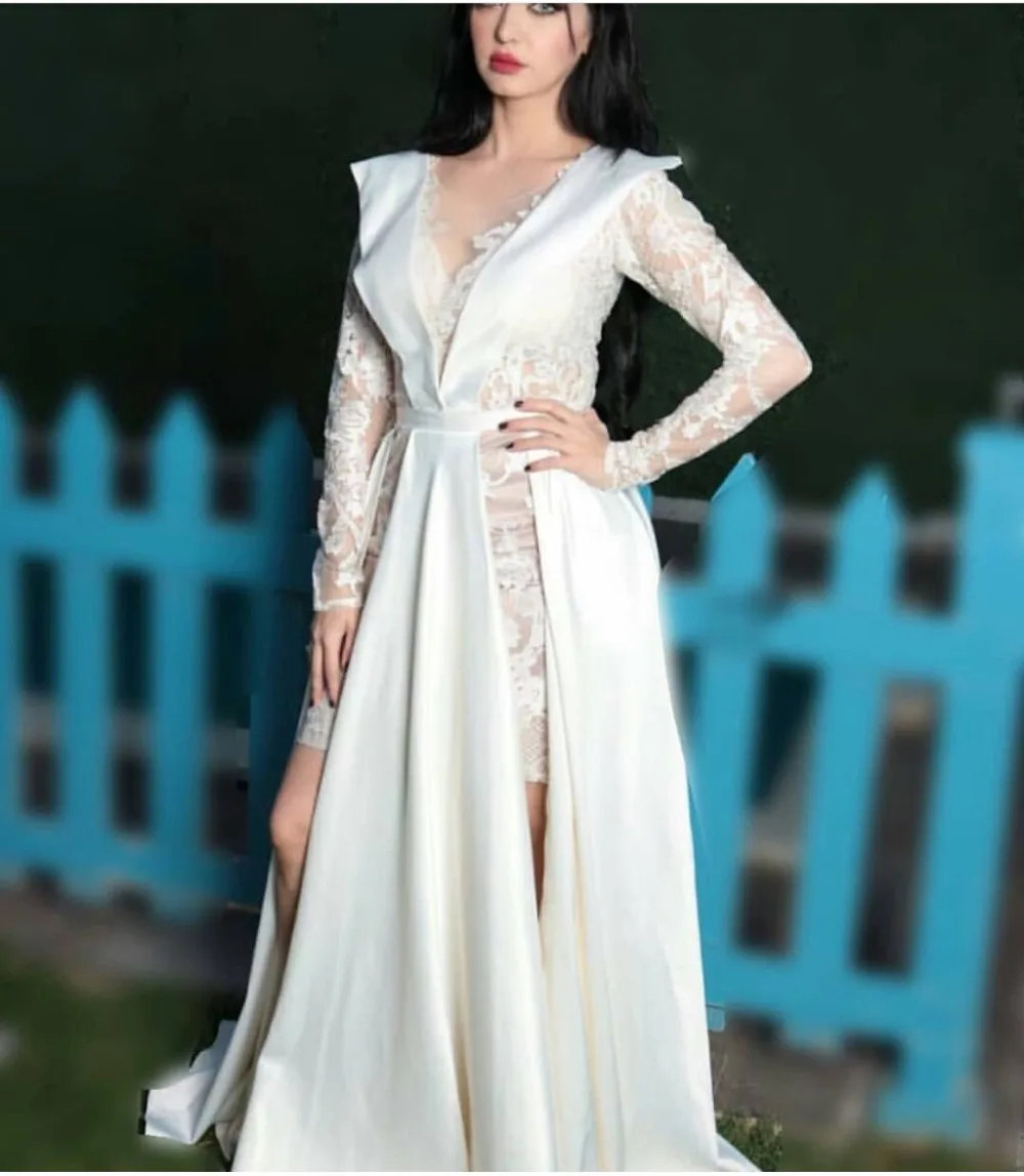 

New Arrival Arabic Long sleeve evening dresses 2020 Lace white Party Prom dresses abiye kaftan dubai evening dress