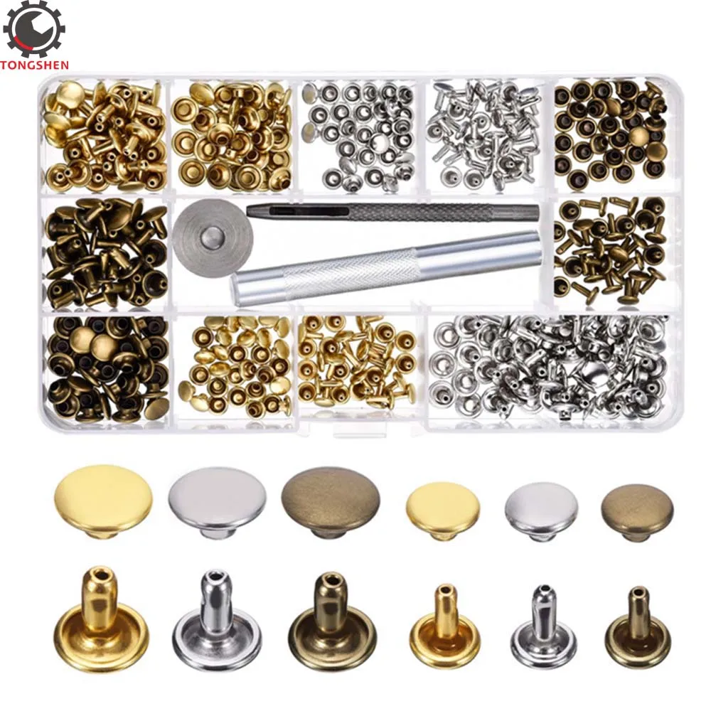 

180Set 2Sizes Leather Rivets Metal Double Cap Round Rapid Rivet Tubular Metal Spike Studs with 3Pcs Fixing Tool for DIY Leather