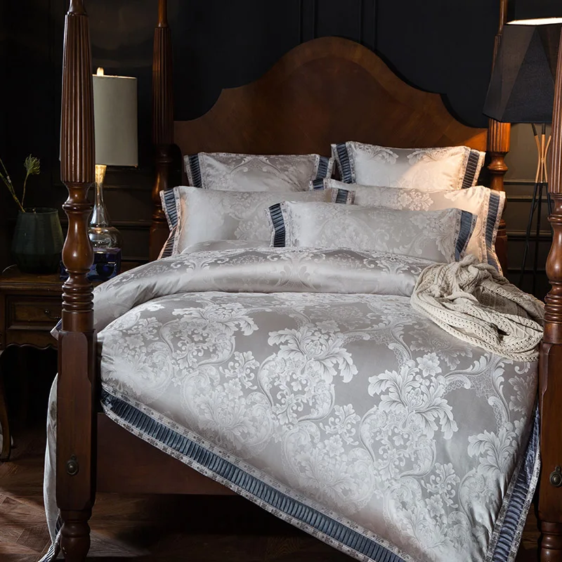 

Pink Purple Silver Gold Luxury Satin Jacquard Bedding Set Queen King Size Duvet Cover Bed Sheets European Baroque Style