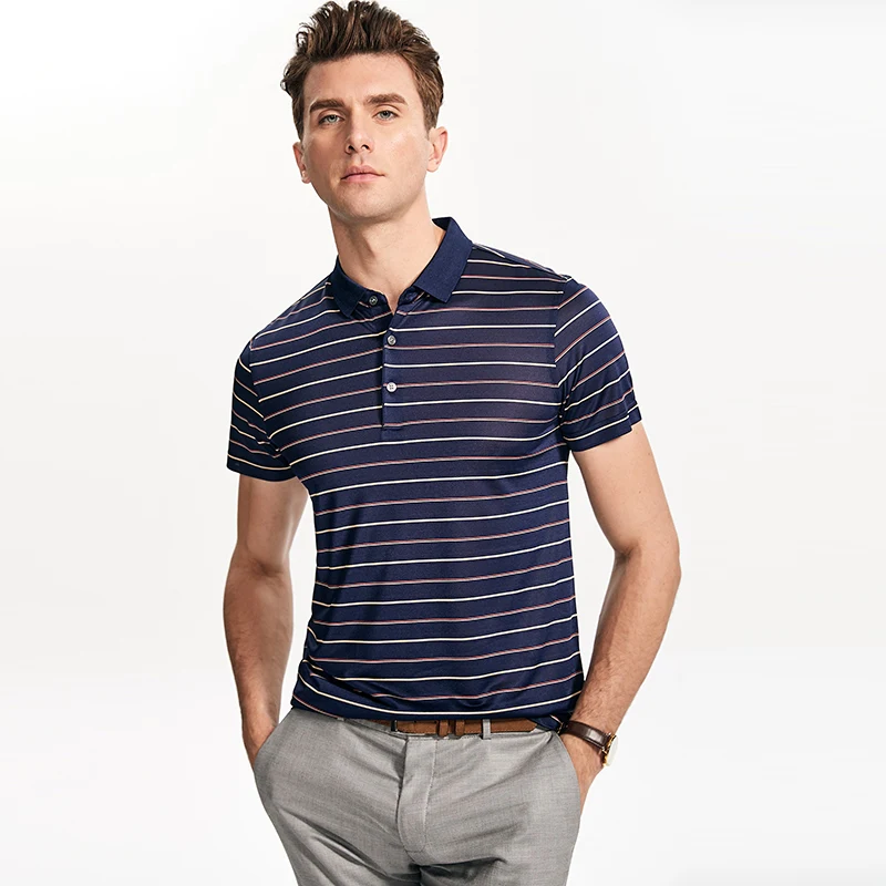 Летняя мужская рубашка поло из натурального шелка в полоску синего цвета для