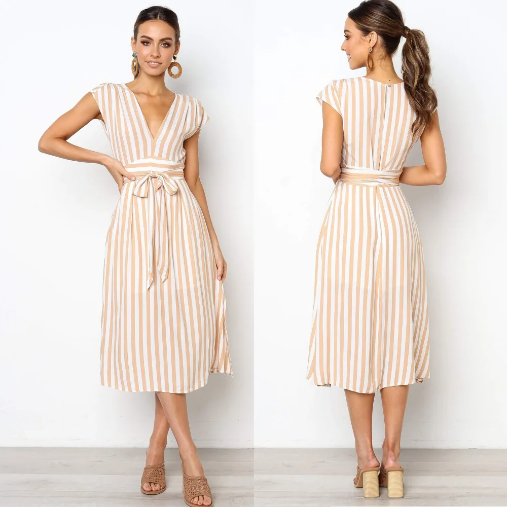 2019 Spring and summer new women's dress V-neck belt slim striped | Женская одежда