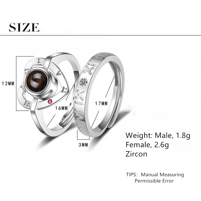 

100 Language Projection Heart Zircon Opening Rings For Women Couple 925 Sterling Silver Jewelry Accessories Party Gift SAR100