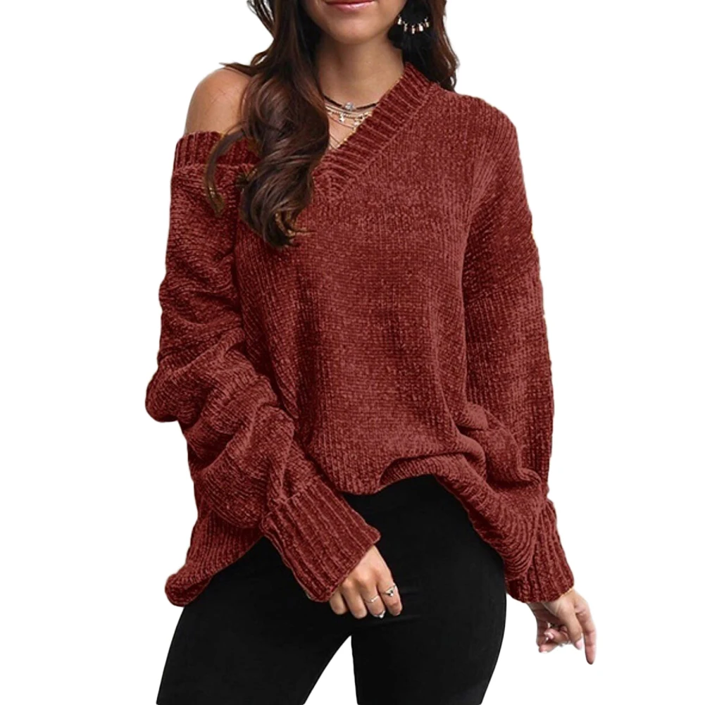 Зимние теплые женские свободные одно плечо V шеи сплошной цвет с длинным рукавом