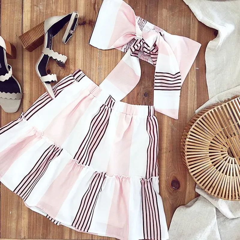 summer sexy womens bow striped vest tops and a-line skirts female sets beach boho ladies dress suits vestidos verano mujer | Женская