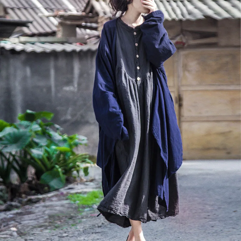 Blue SCUWLINEN Vestidos женский винтажный кардиган размера плюс со свободной шнуровкой средней длины Повседневный плащ верхняя одежда B102002 - Цвет: Blue