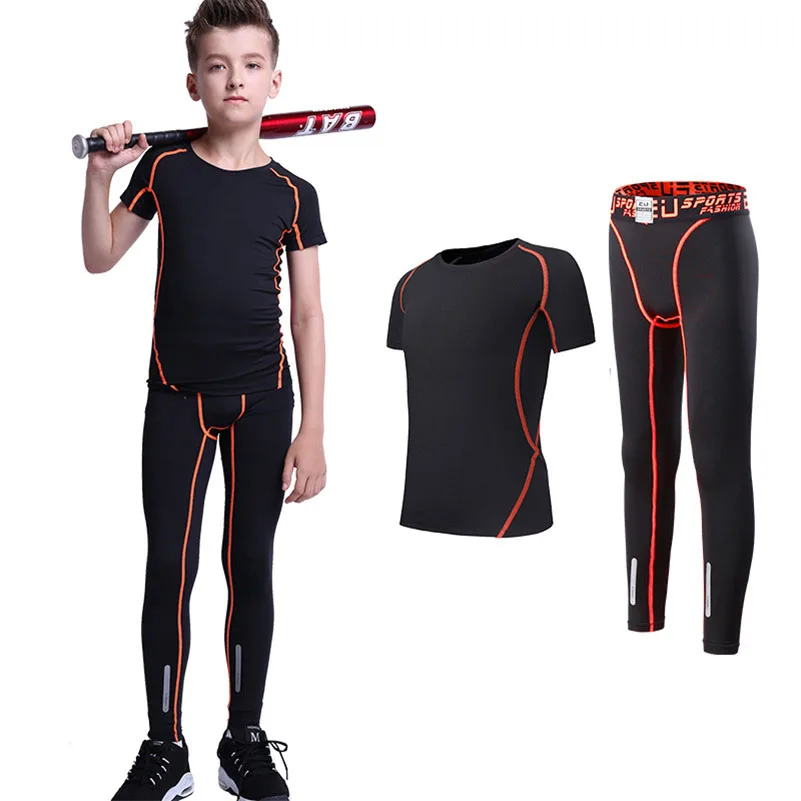 Black Orange 2PS Детский комплект для бокса, компрессионная футболка+ штаны, детский Рашгард для бега, баскетбола, обтягивающие футболки, брюки для подростков, спортивная одежда ММА - Цвет: Black Orange 2PS