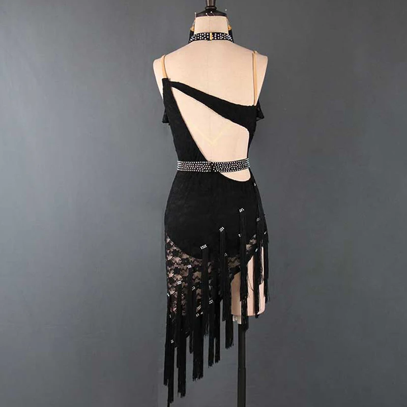 Женское платье для латиноамериканских танцев черное кружевное танцевальное