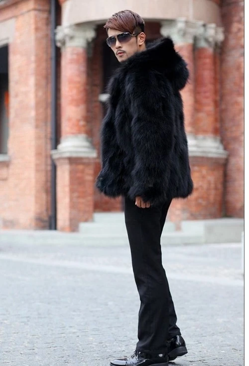 black with Hooded Мужское короткое пальто из искусственного меха с шапкой, черное теплое и удобное, зима, бренд Maylooks Hn123 - Цвет: black with Hooded